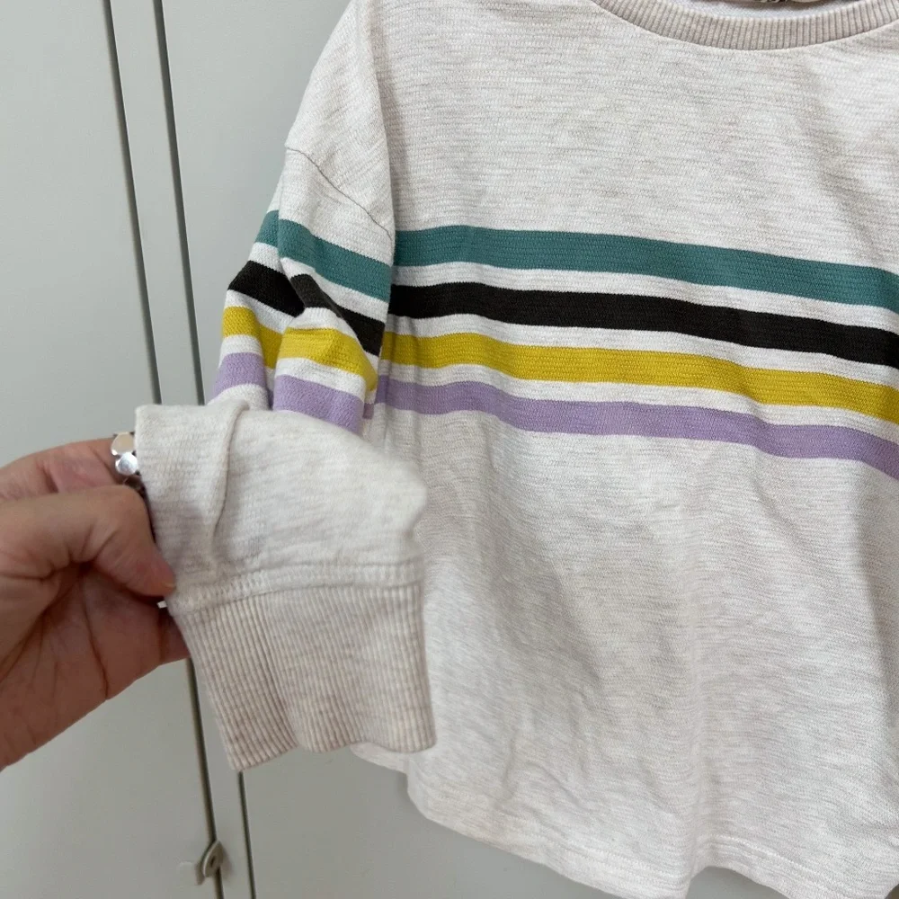 Mini Boden striped long sleeve shirt oatmeal teal/yellow/black/purple - sz 5-6Y